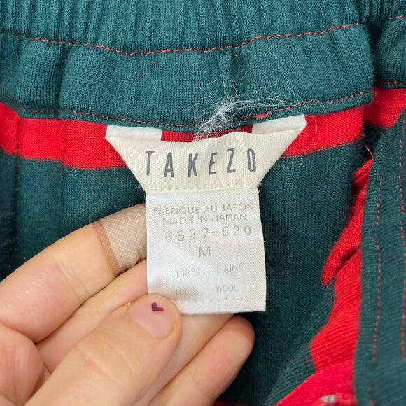 TAKEZO Japan M Pleated Tapered Harem Pants Striped Wool Knit Hi Rise Red Green - Picture 3 of 11